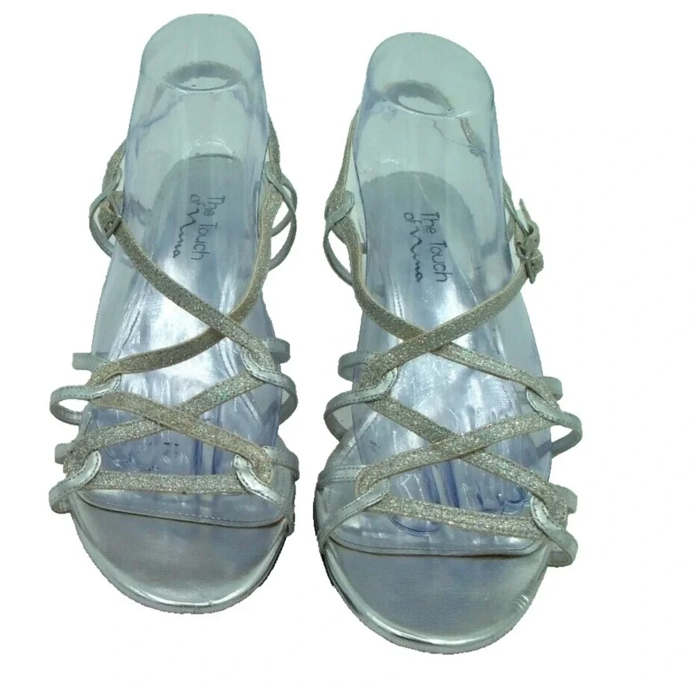 The Touch of Nina Fortino Silver Glitter Strappy Wedge Sandals Womens 10M Formal